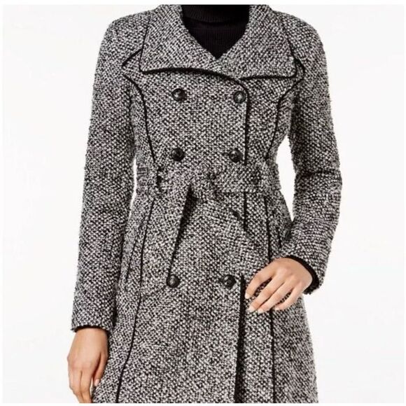 Guess Black & White Button Front Center Tie Long Sleeve Pea Coat Size Large - Picture 1 of 7